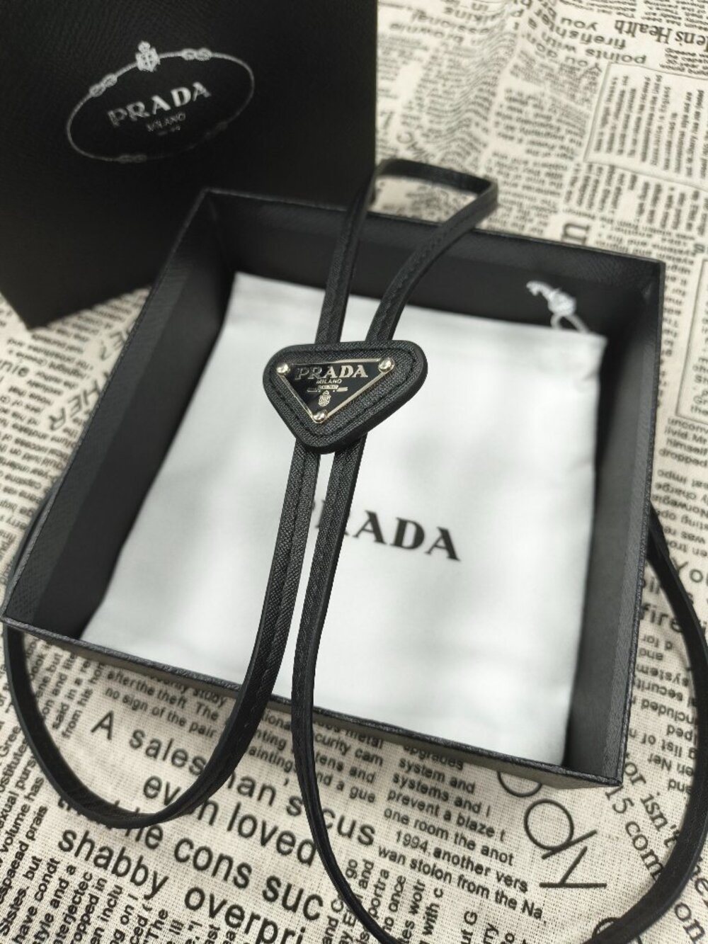💝PRADA Unisex Black Leather Bolo Tie - Smoke Free Home🚭